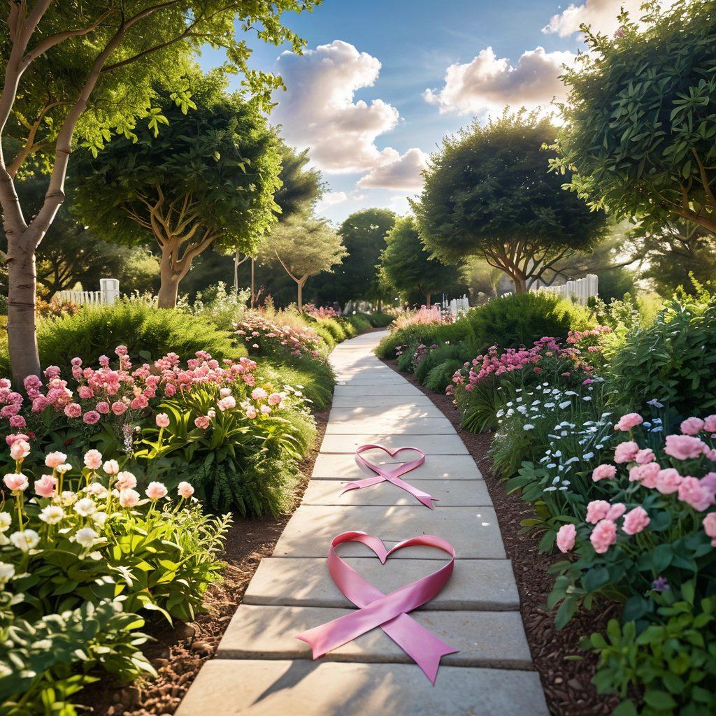 A serene pathway illuminated by warm sunlight, symbolizing hope and resilience in cancer care. Alongside the path, diverse individuals are sharing stories and support, showcasing community. Lush greenery, gentle flowers, and soft clouds in the background create an uplifting atmosphere. Include symbols like a pink ribbon and hearts subtly integrated into the scenery. soft focus effect. vibrant colors. super-realistic.