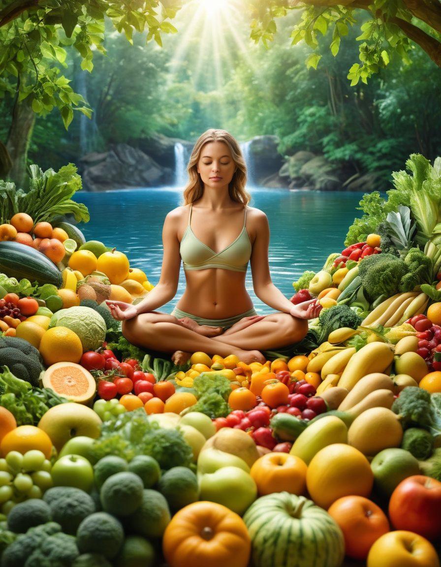 A harmonious scene depicting a diverse array of fresh fruits and vegetables merging into a peaceful meditation setting, with a serene figure practicing mindfulness in the foreground. Incorporate elements of nature like flowing water and soft sunlight to evoke tranquility, while symbolizing the connection between nutrition and mental wellness. Enrich the color palette with vibrant greens, warm yellows, and calming blues. super-realistic. vibrant colors. nature-inspired.